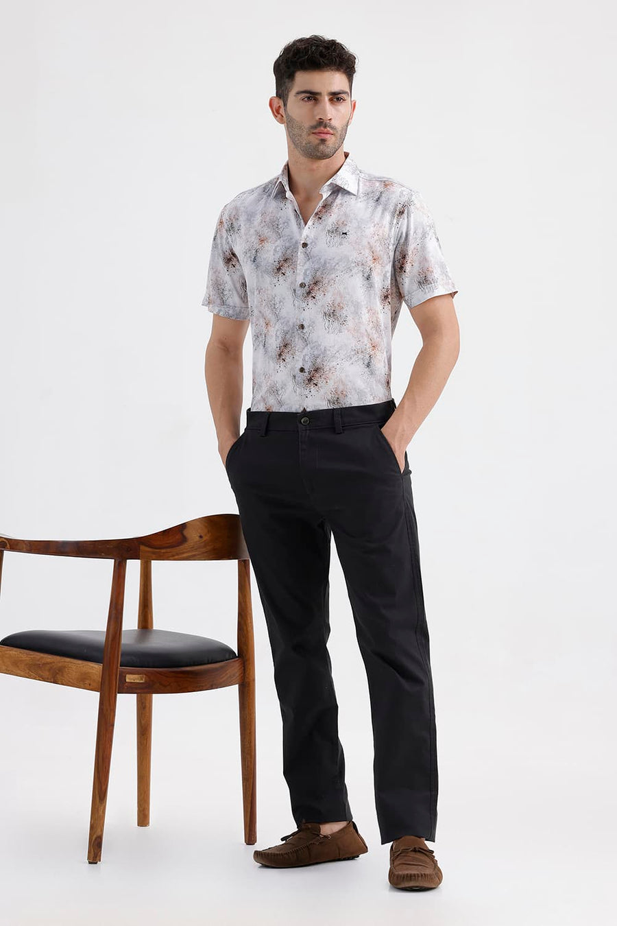BASICS SLIM FIT CLOUD WHITE COTTON DIGITAL PRINTED HALFSLEEVES SHIRT