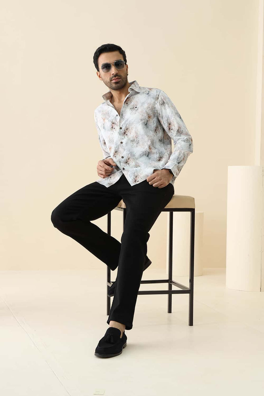 Basics Slim Fit Cloud White Cotton Digital Printed Shirt