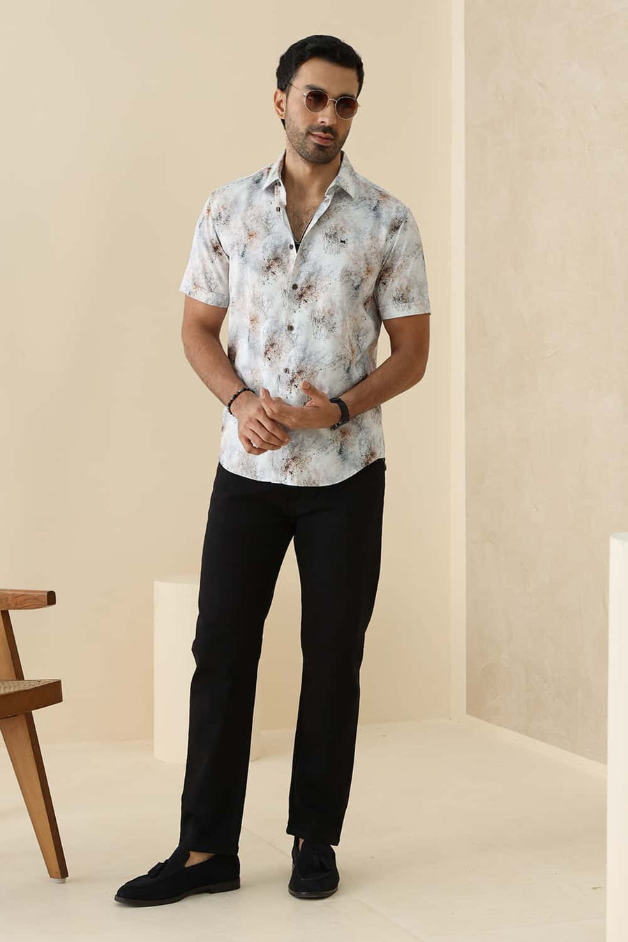 Basics Slim Fit Cloud White Cotton Digital Printed Halfsleeves Shirt