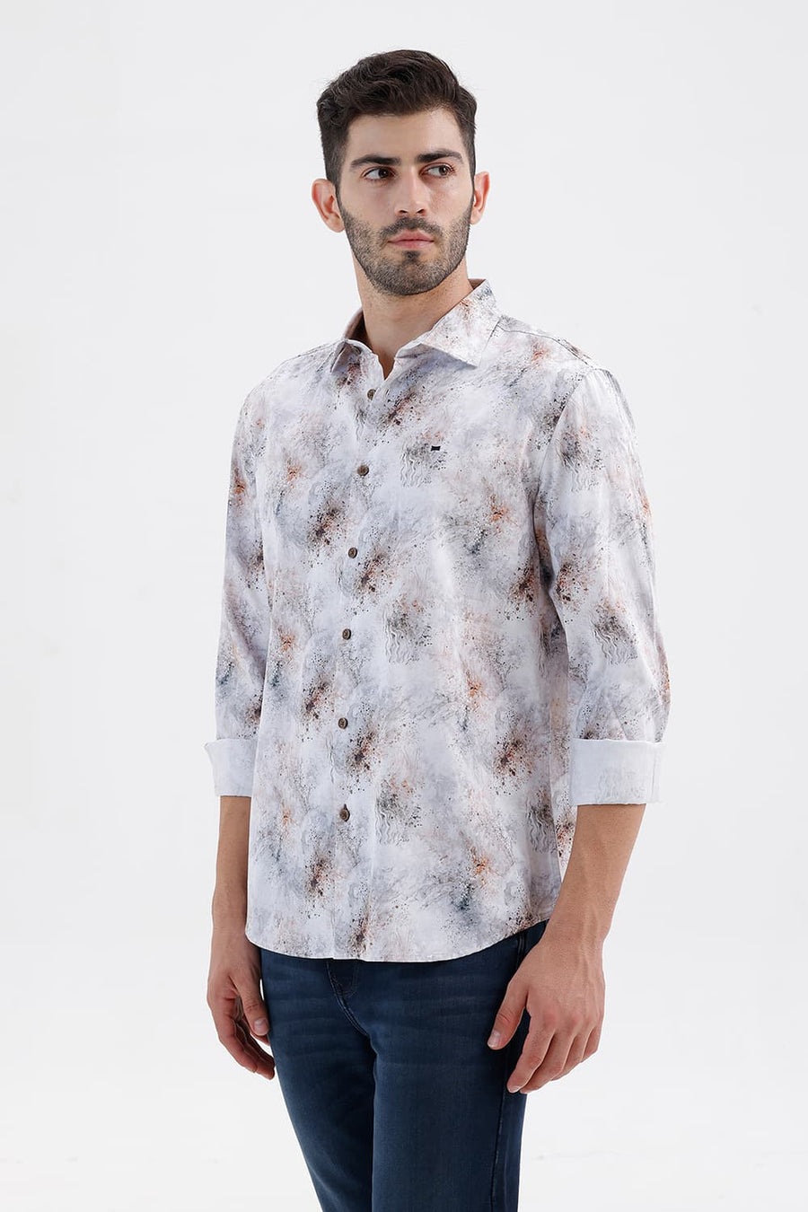 BASICS SLIM FIT CLOUD WHITE COTTON DIGITAL PRINTED SHIRT