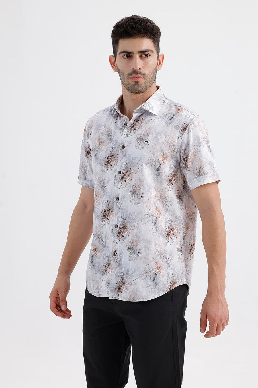 BASICS SLIM FIT CLOUD WHITE COTTON DIGITAL PRINTED HALFSLEEVES SHIRT