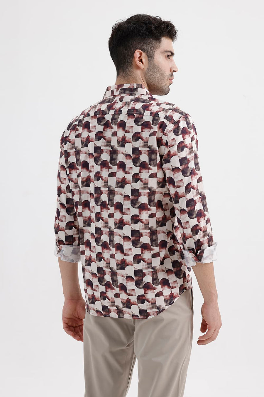 BASICS SLIM FIT MAROON PARCHMENT COTTON DIGITAL PRINTED SHIRT