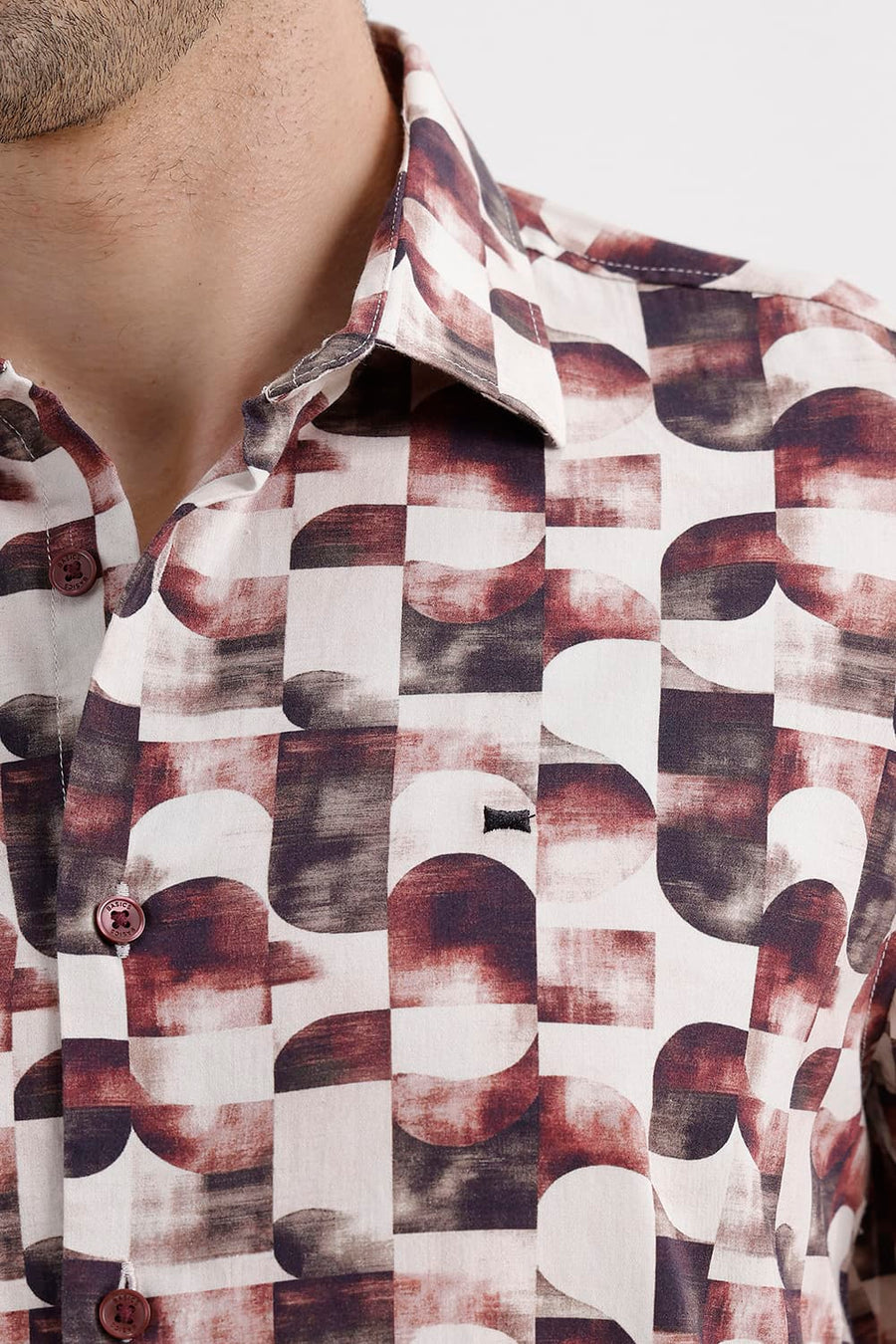 BASICS SLIM FIT MAROON PARCHMENT COTTON DIGITAL PRINTED SHIRT