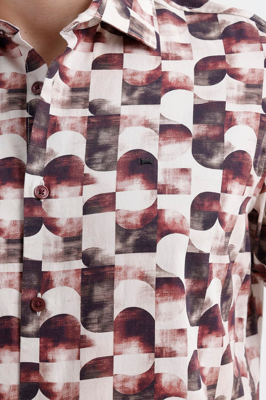 BASICS SLIM FIT MAROON PARCHMENT COTTON DIGITAL PRINTED HALFSLEEVES SHIRT