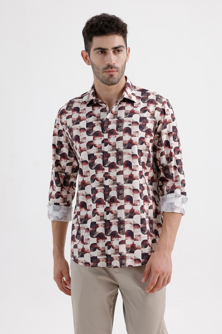 BASICS SLIM FIT MAROON PARCHMENT COTTON DIGITAL PRINTED SHIRT