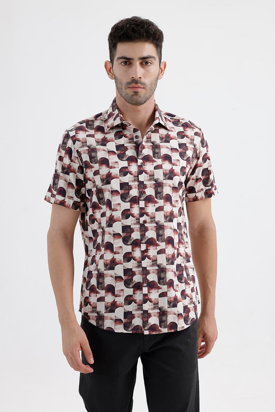 BASICS SLIM FIT MAROON PARCHMENT COTTON DIGITAL PRINTED HALFSLEEVES SHIRT