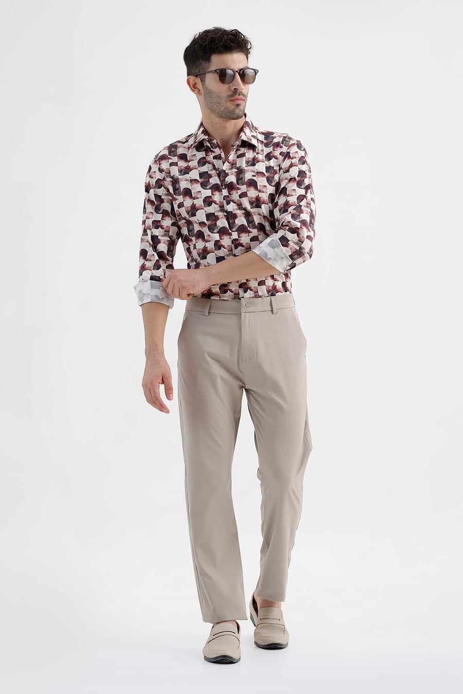 BASICS SLIM FIT MAROON PARCHMENT COTTON DIGITAL PRINTED SHIRT