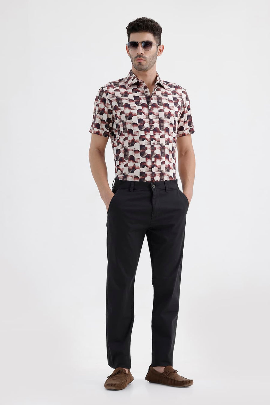 BASICS SLIM FIT MAROON PARCHMENT COTTON DIGITAL PRINTED HALFSLEEVES SHIRT