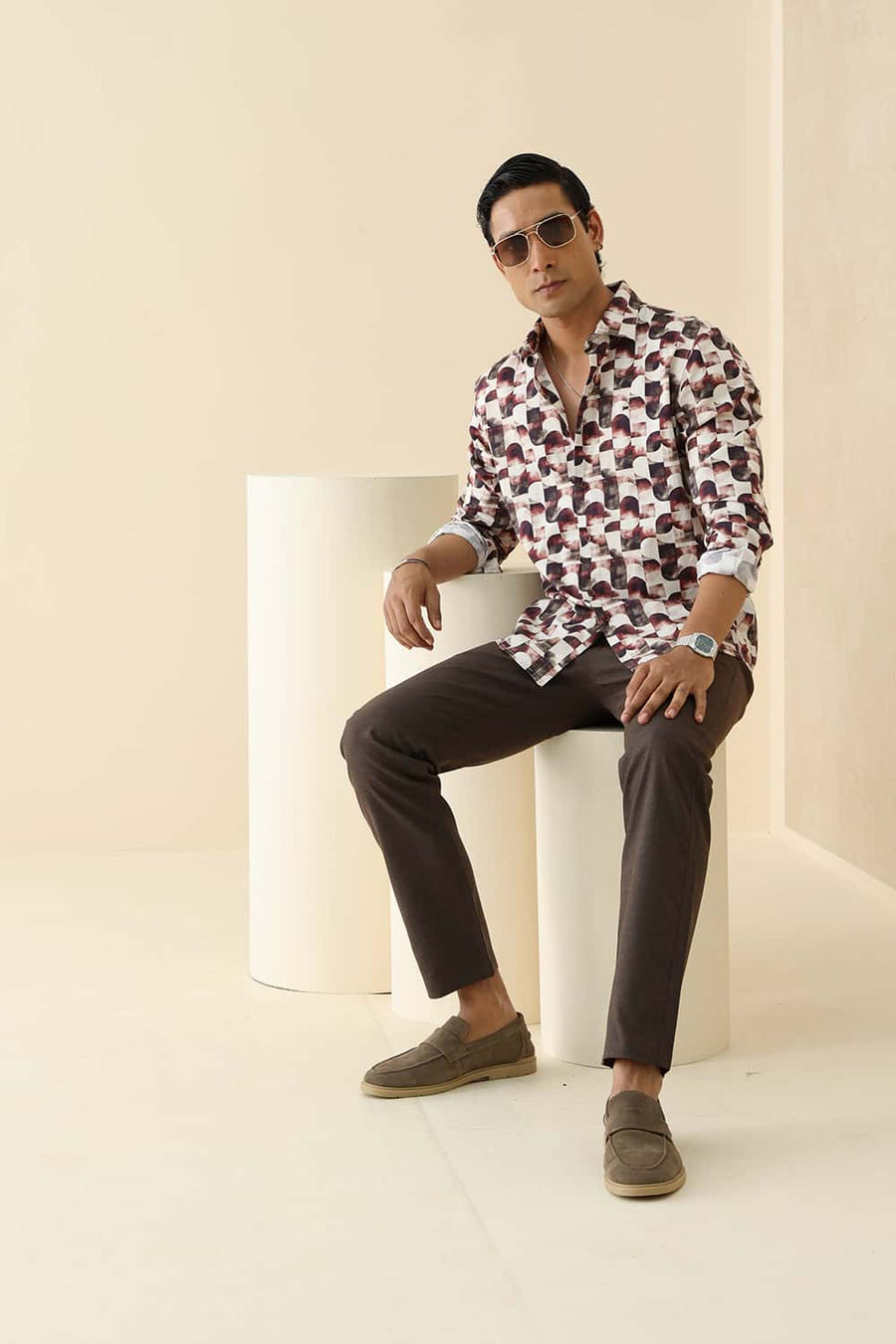Basics Slim Fit Maroon Parchment Cotton Digital Printed Shirt