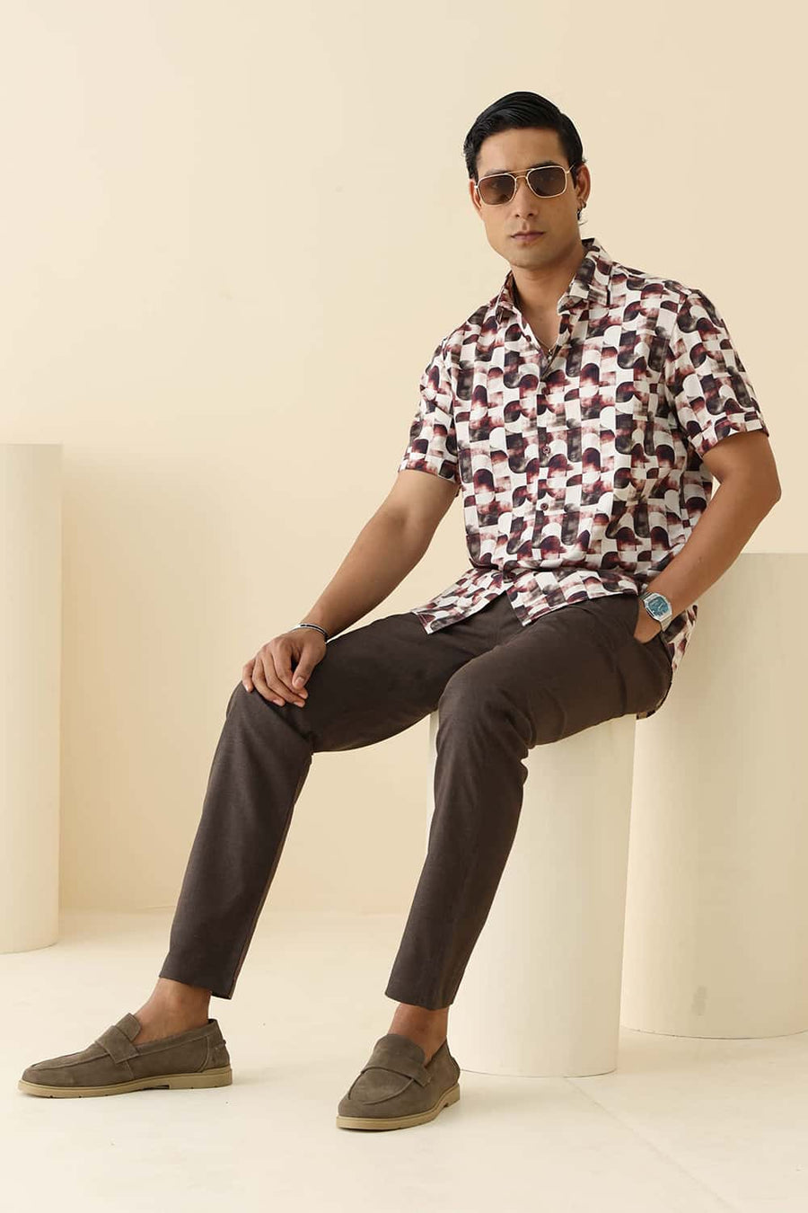 Basics Slim Fit Maroon Parchment Cotton Digital Printed Halfsleeves Shirt