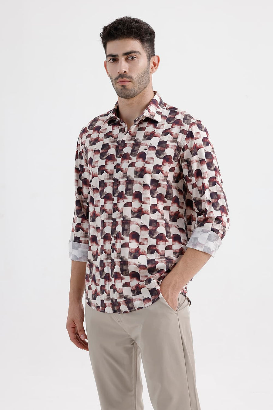 BASICS SLIM FIT MAROON PARCHMENT COTTON DIGITAL PRINTED SHIRT