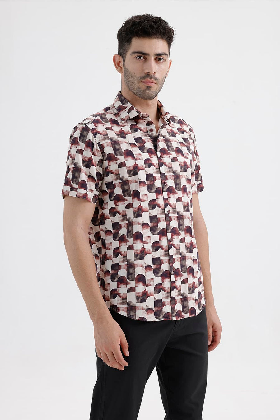 BASICS SLIM FIT MAROON PARCHMENT COTTON DIGITAL PRINTED HALFSLEEVES SHIRT