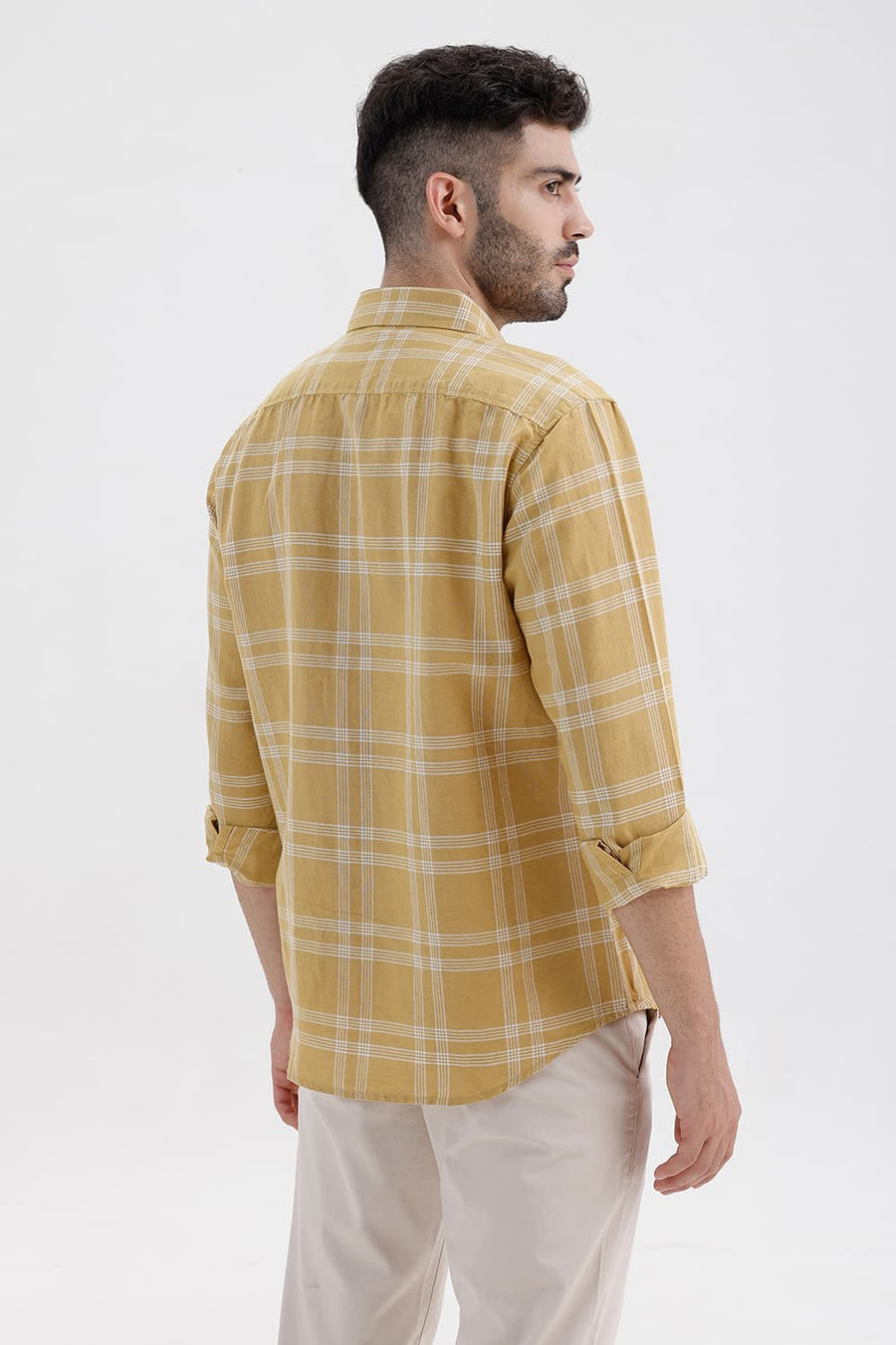 BASICS SLIM FIT ANTELOPE KHAKI COTTON LINEN CHECKS SHIRT