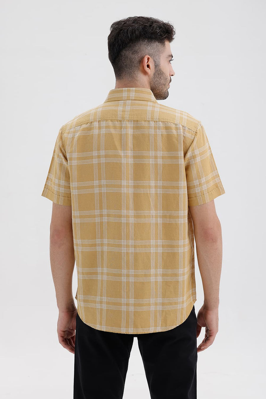 BASICS SLIM FIT ANTELOPE KHAKI COTTON LINEN CHECKS HALFSLEEVES SHIRT