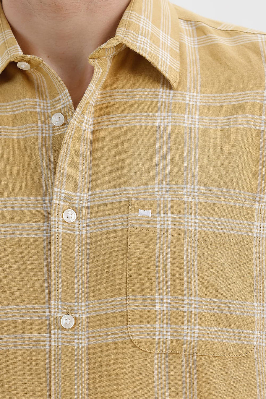 BASICS SLIM FIT ANTELOPE KHAKI COTTON LINEN CHECKS SHIRT