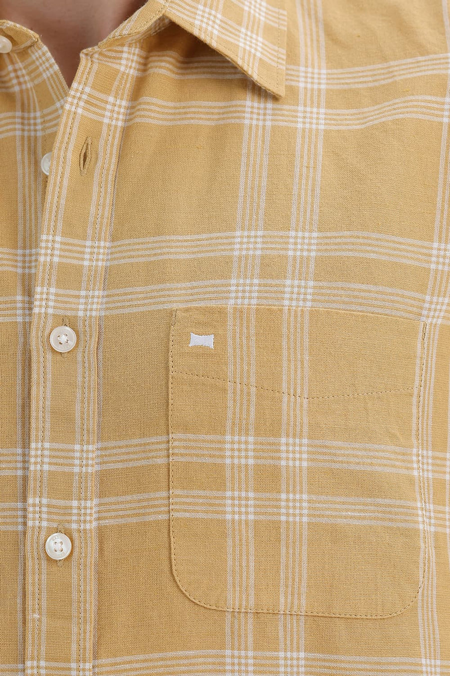 BASICS SLIM FIT ANTELOPE KHAKI COTTON LINEN CHECKS HALFSLEEVES SHIRT