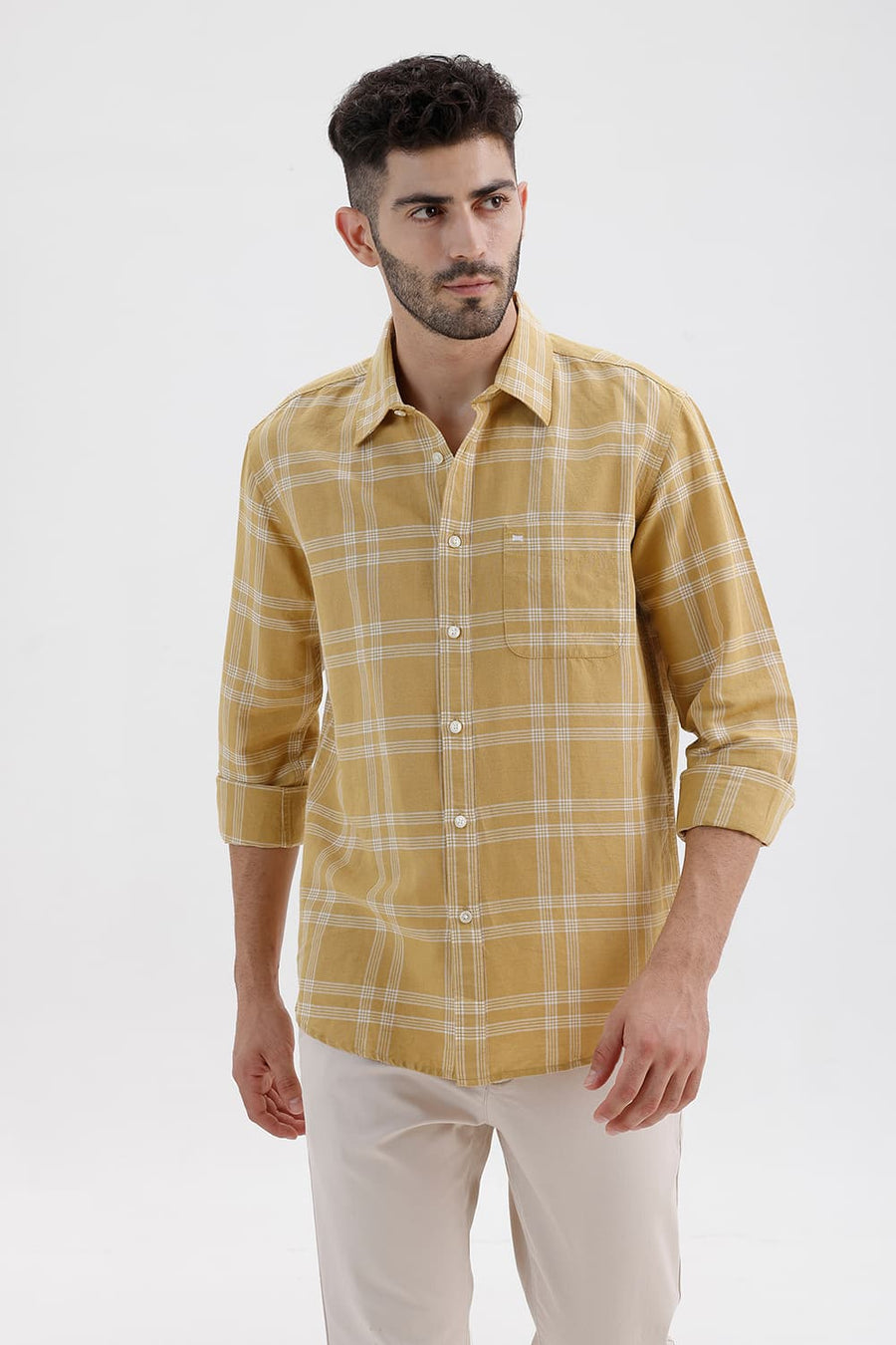 BASICS SLIM FIT ANTELOPE KHAKI COTTON LINEN CHECKS SHIRT