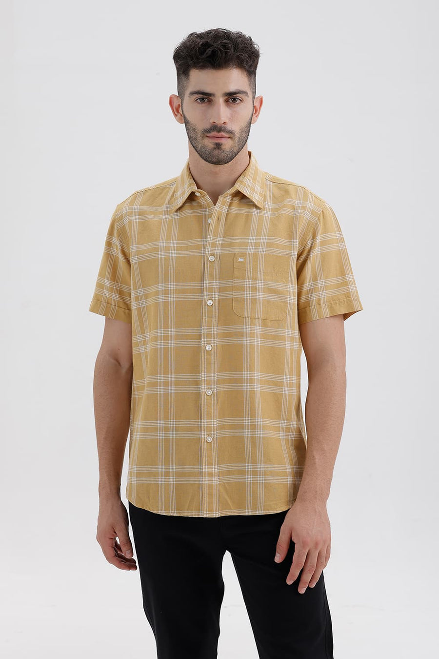 BASICS SLIM FIT ANTELOPE KHAKI COTTON LINEN CHECKS HALFSLEEVES SHIRT