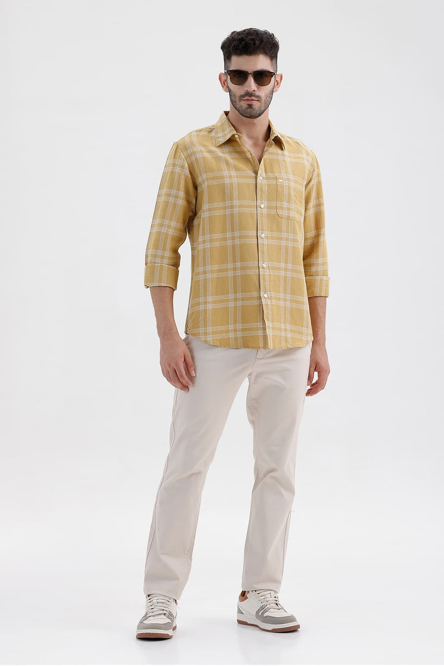 BASICS SLIM FIT ANTELOPE KHAKI COTTON LINEN CHECKS SHIRT