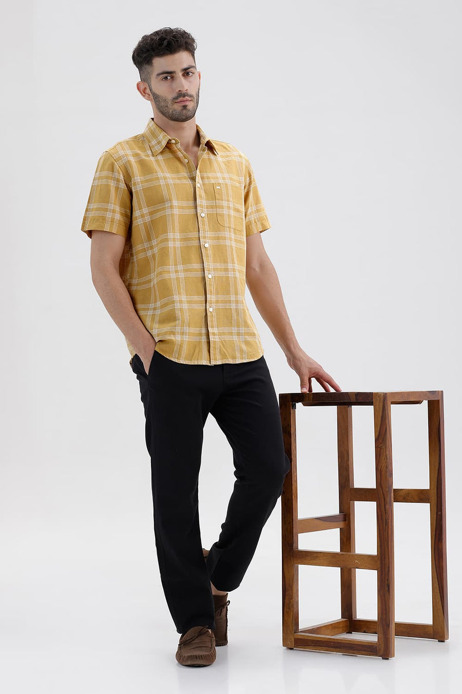 BASICS SLIM FIT ANTELOPE KHAKI COTTON LINEN CHECKS HALFSLEEVES SHIRT
