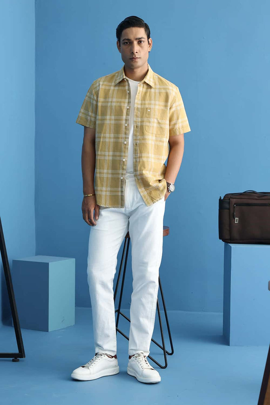 Basics Slim Fit Antelope Khaki Cotton Linen Checks Shirt