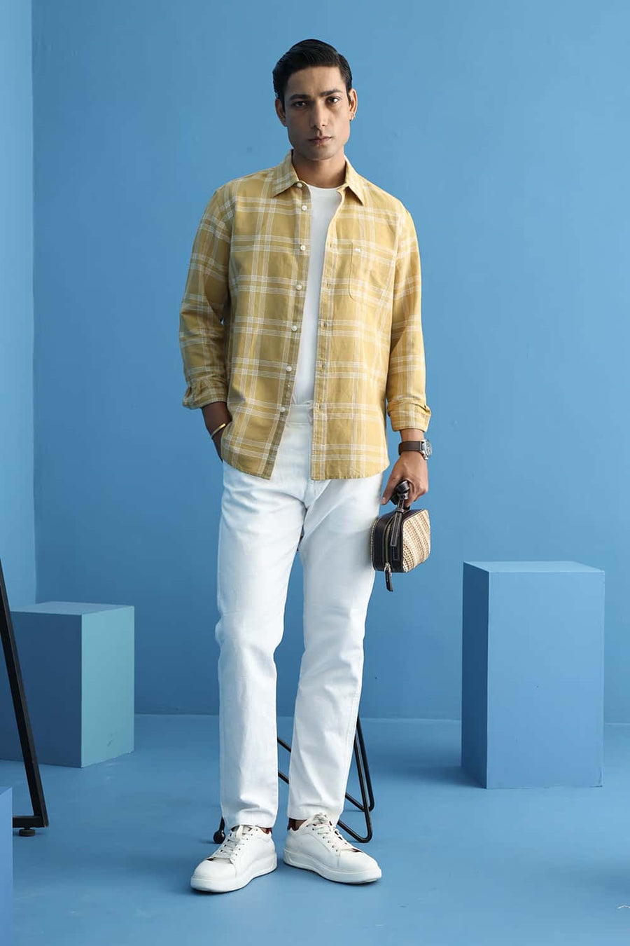 Basics Slim Fit Antelope Khaki Cotton Linen Checks Halfsleeves Shirt