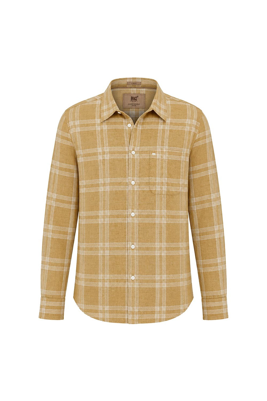 BASICS SLIM FIT ANTELOPE KHAKI COTTON LINEN CHECKS SHIRT