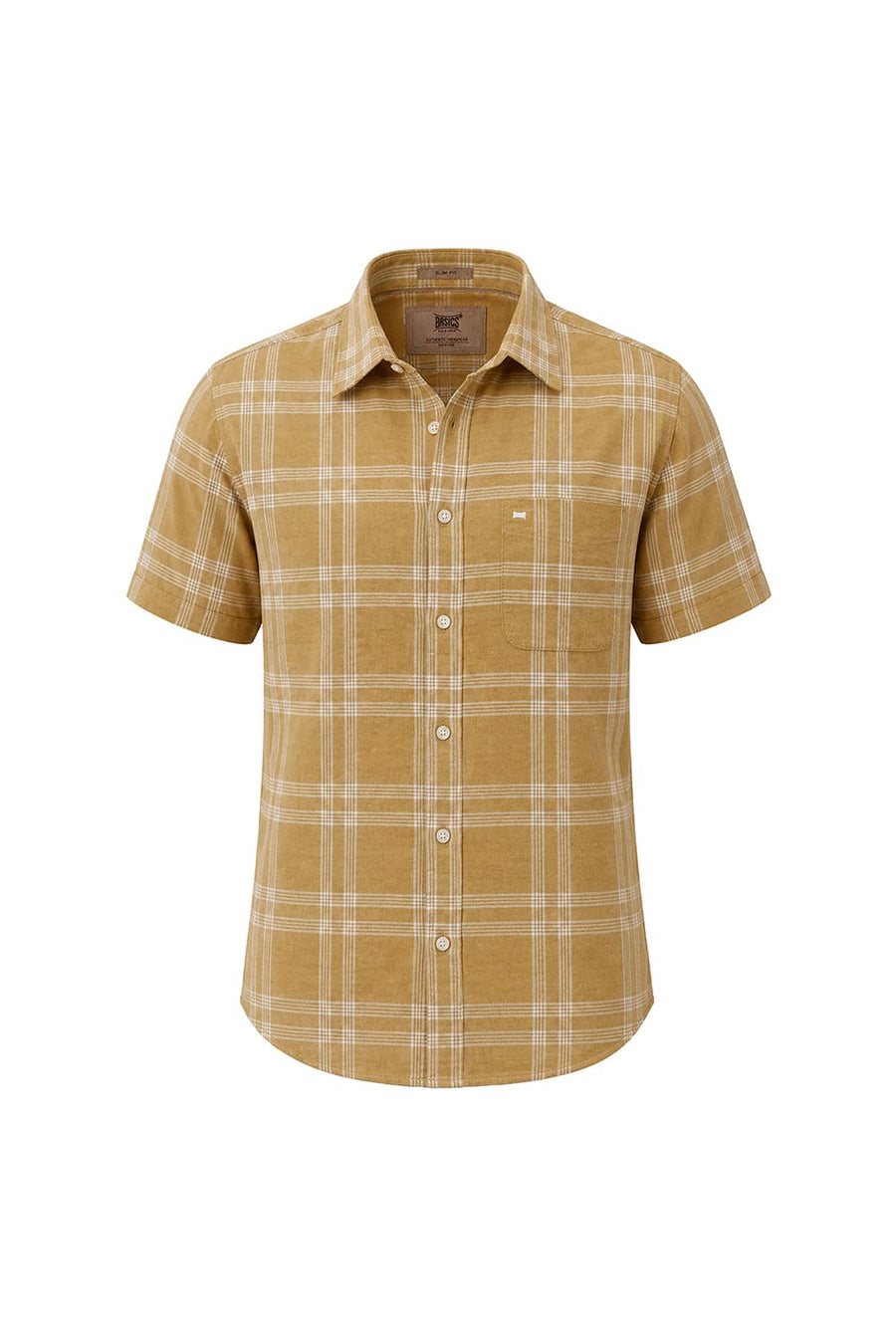 BASICS SLIM FIT ANTELOPE KHAKI COTTON LINEN CHECKS HALFSLEEVES SHIRT