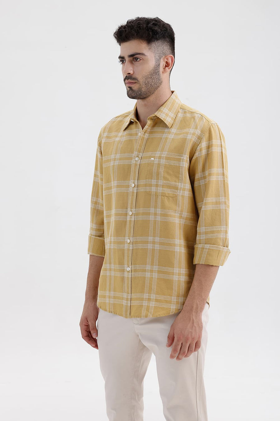 BASICS SLIM FIT ANTELOPE KHAKI COTTON LINEN CHECKS SHIRT