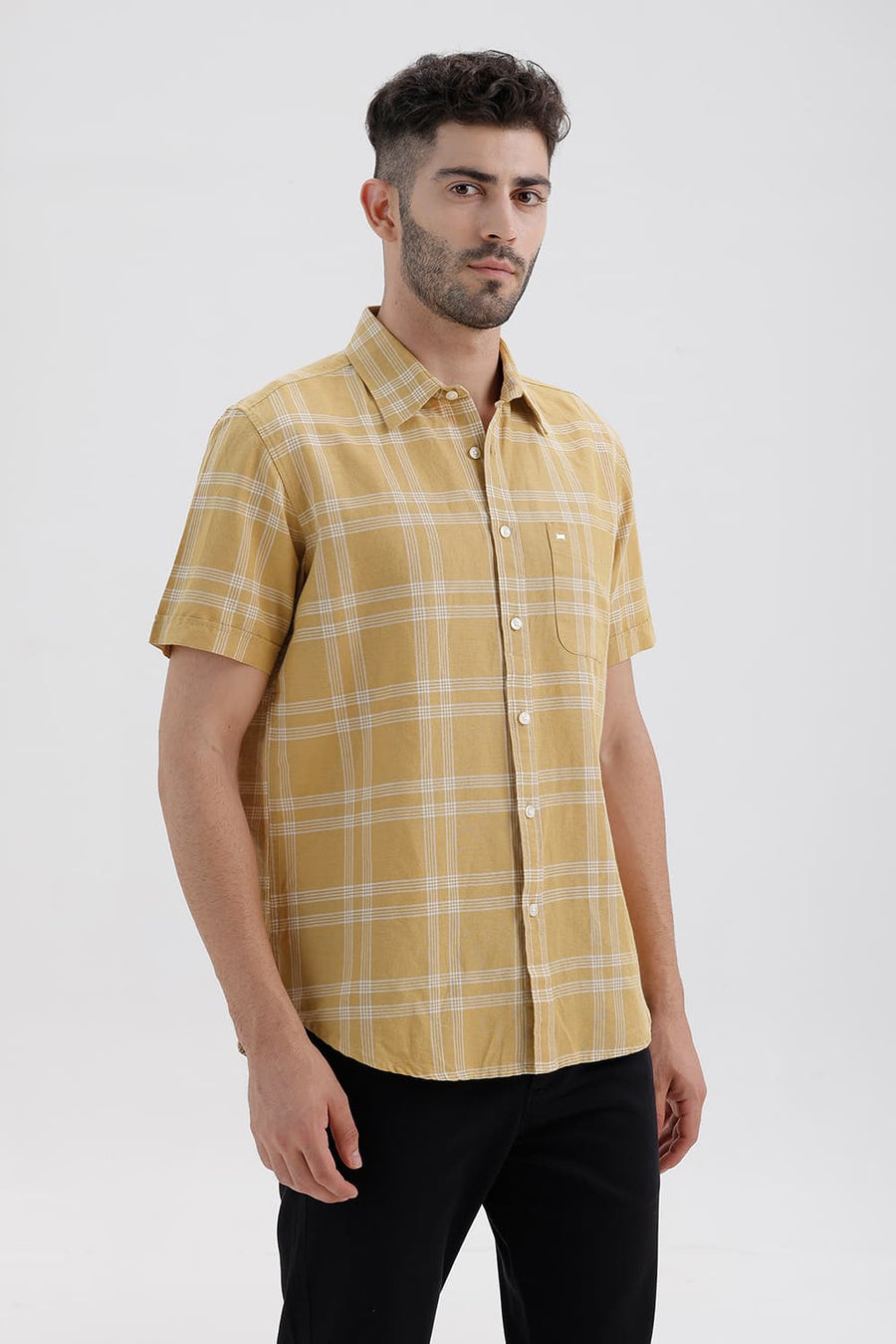 BASICS SLIM FIT ANTELOPE KHAKI COTTON LINEN CHECKS HALFSLEEVES SHIRT