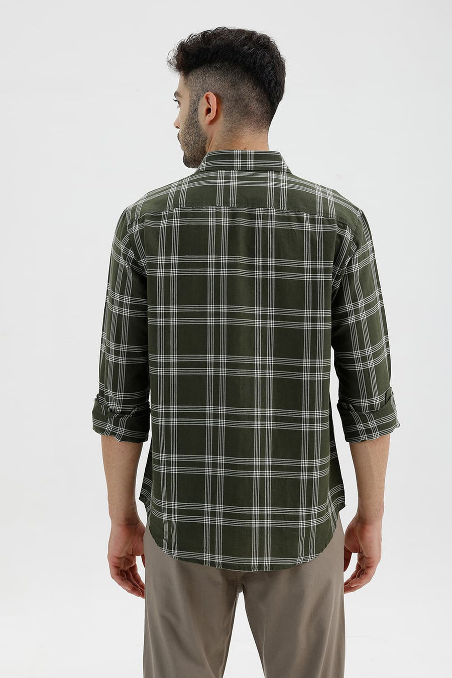 BASICS SLIM FIT RIFLE GREEN COTTON LINEN CHECKS SHIRT