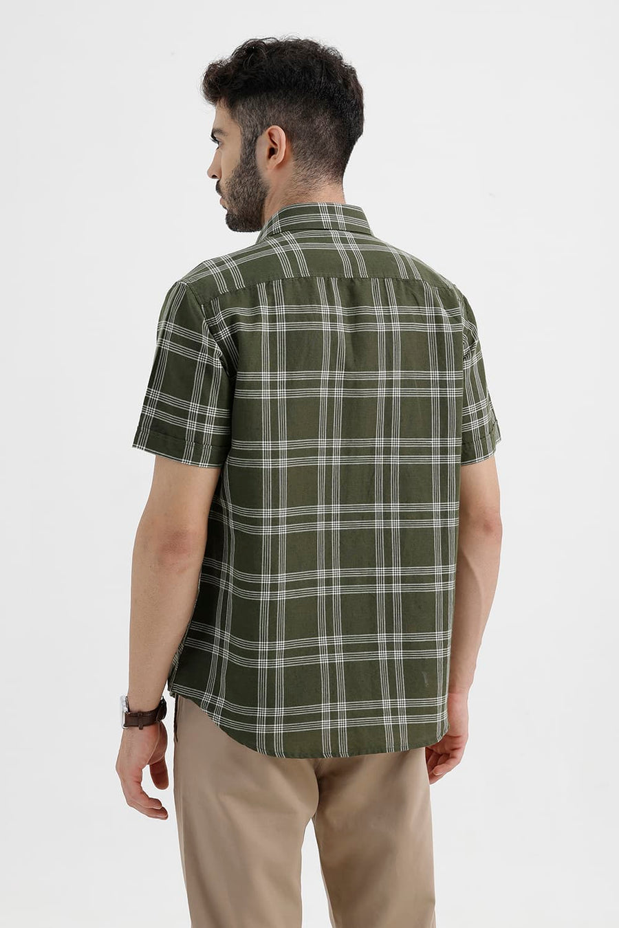 BASICS SLIM FIT RIFLE GREEN COTTON LINEN CHECKS HALFSLEEVES SHIRT