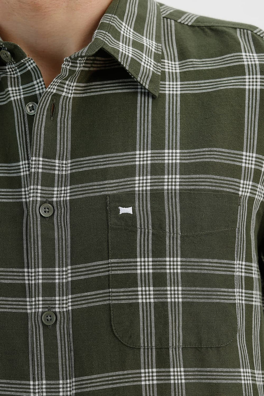 BASICS SLIM FIT RIFLE GREEN COTTON LINEN CHECKS SHIRT