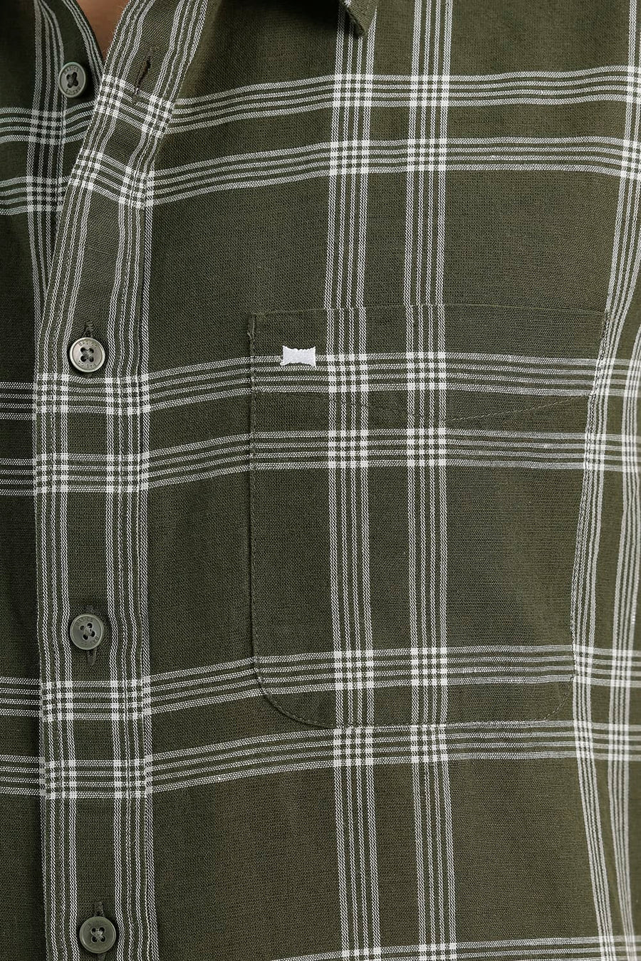 BASICS SLIM FIT RIFLE GREEN COTTON LINEN CHECKS HALFSLEEVES SHIRT