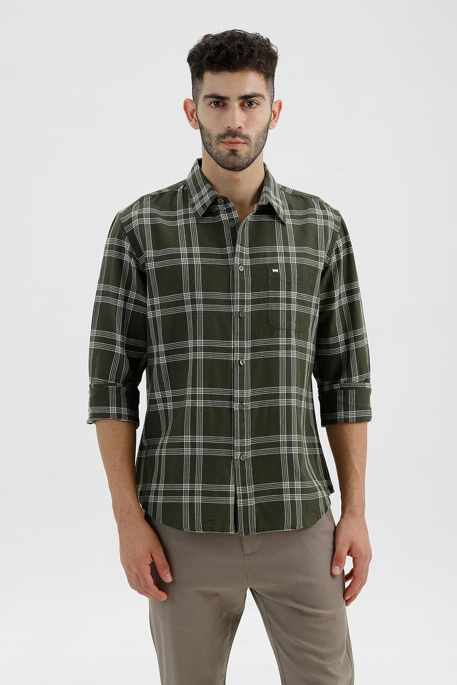 BASICS SLIM FIT RIFLE GREEN COTTON LINEN CHECKS SHIRT