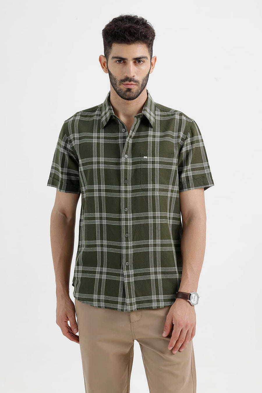 BASICS SLIM FIT RIFLE GREEN COTTON LINEN CHECKS HALFSLEEVES SHIRT
