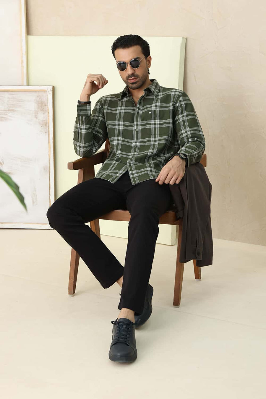 Basics Slim Fit Rifle Green Cotton Linen Checks Shirt