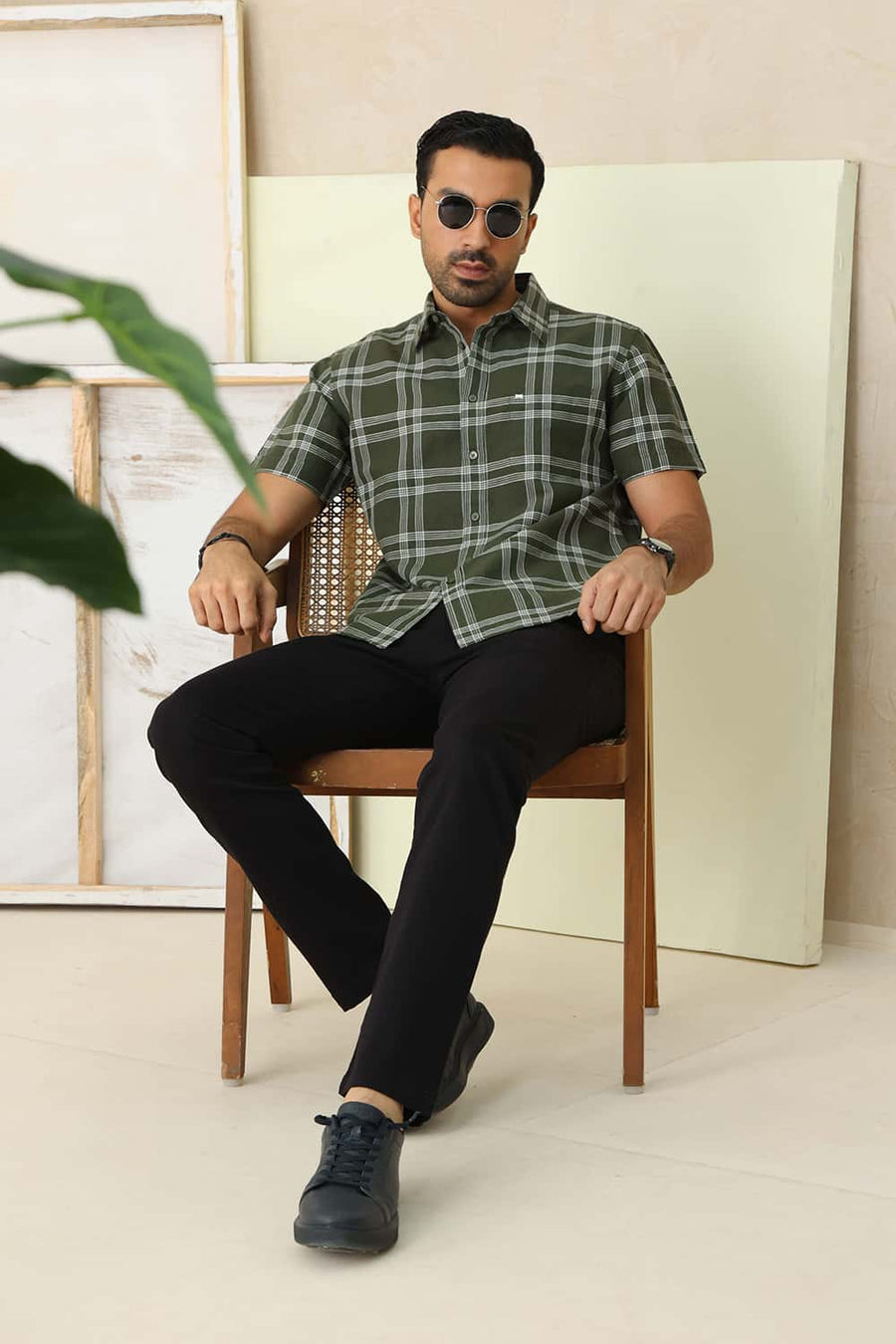 Basics Slim Fit Rifle Green Cotton Linen Checks Halfsleeves Shirt