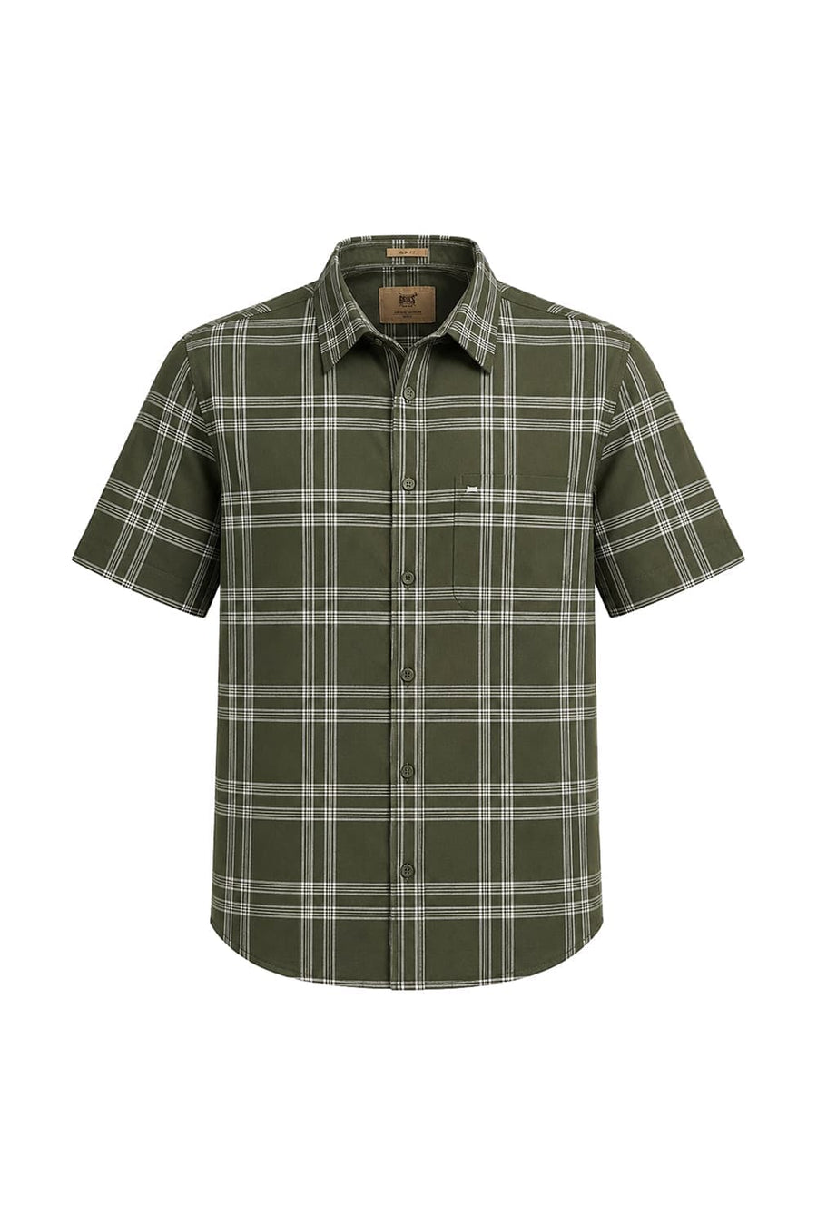 BASICS SLIM FIT RIFLE GREEN COTTON LINEN CHECKS HALFSLEEVES SHIRT