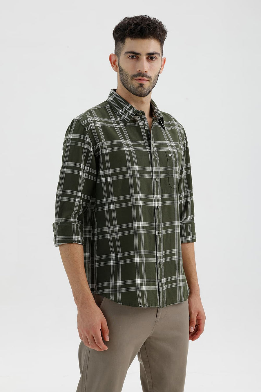 BASICS SLIM FIT RIFLE GREEN COTTON LINEN CHECKS SHIRT
