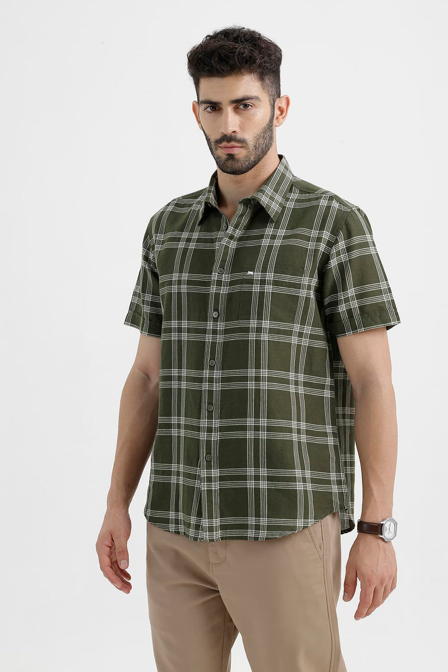 BASICS SLIM FIT RIFLE GREEN COTTON LINEN CHECKS HALFSLEEVES SHIRT