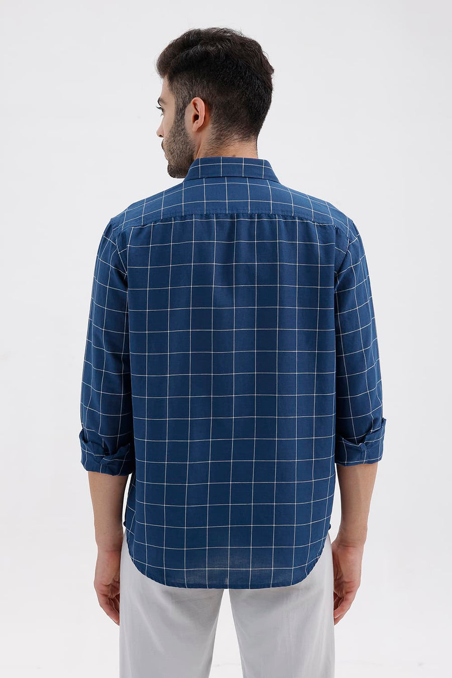 BASICS SLIM FIT DARK BLUE COTTON LINEN CHECKS SHIRT