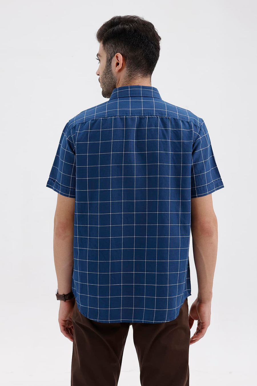 BASICS SLIM FIT DARK BLUE COTTON LINEN CHECKS HALFSLEEVES SHIRT