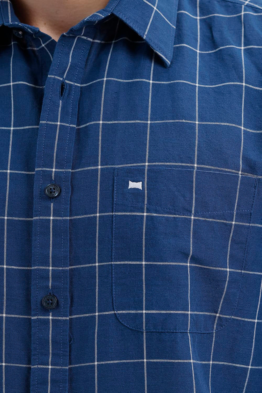 BASICS SLIM FIT DARK BLUE COTTON LINEN CHECKS SHIRT