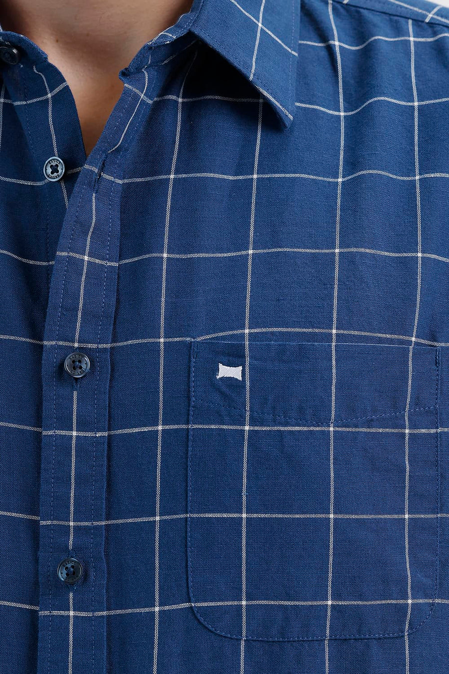 BASICS SLIM FIT DARK BLUE COTTON LINEN CHECKS HALFSLEEVES SHIRT