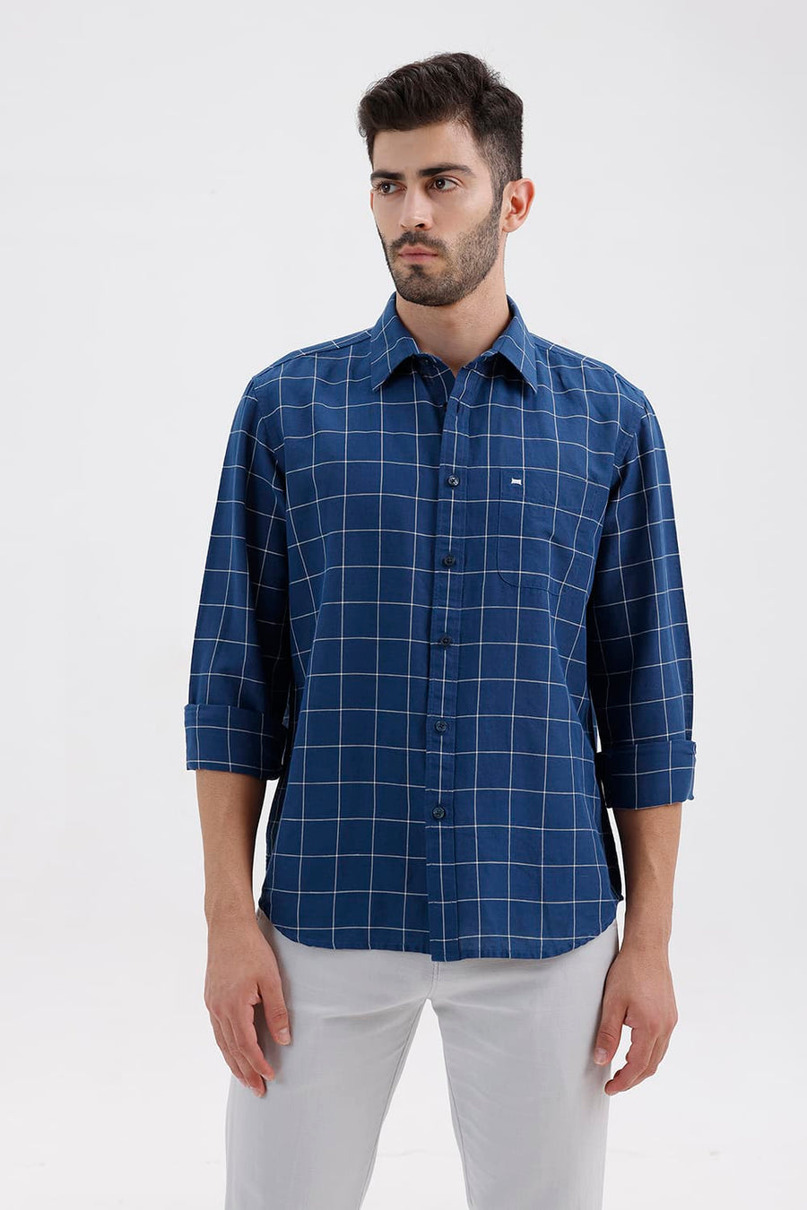 BASICS SLIM FIT DARK BLUE COTTON LINEN CHECKS SHIRT
