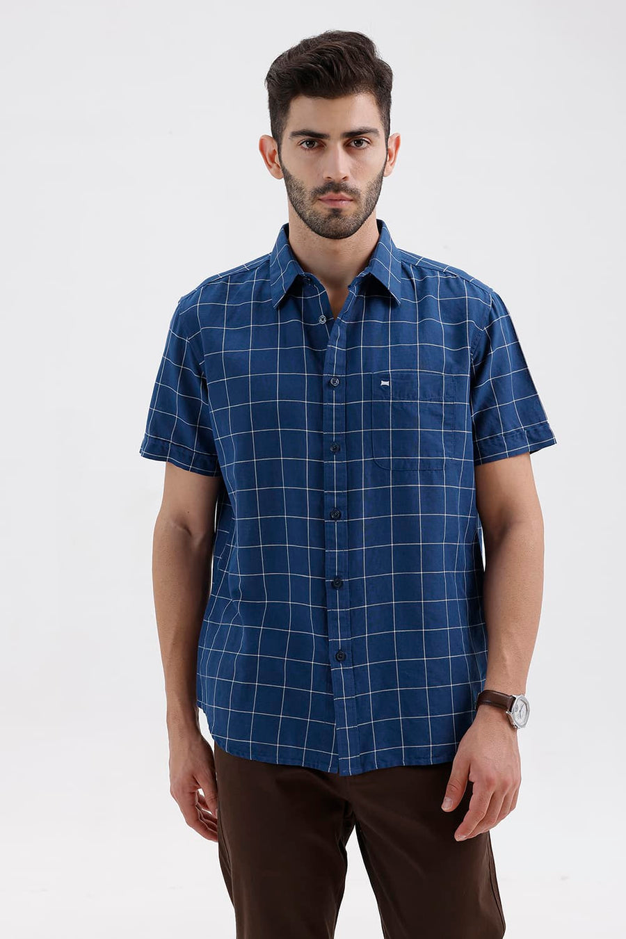 BASICS SLIM FIT DARK BLUE COTTON LINEN CHECKS HALFSLEEVES SHIRT