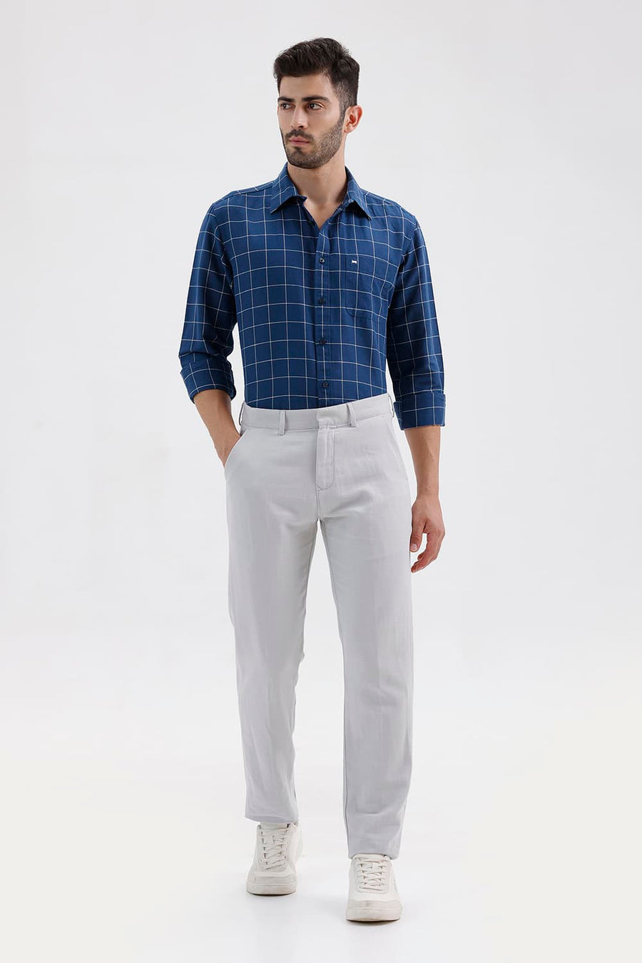 BASICS SLIM FIT DARK BLUE COTTON LINEN CHECKS SHIRT
