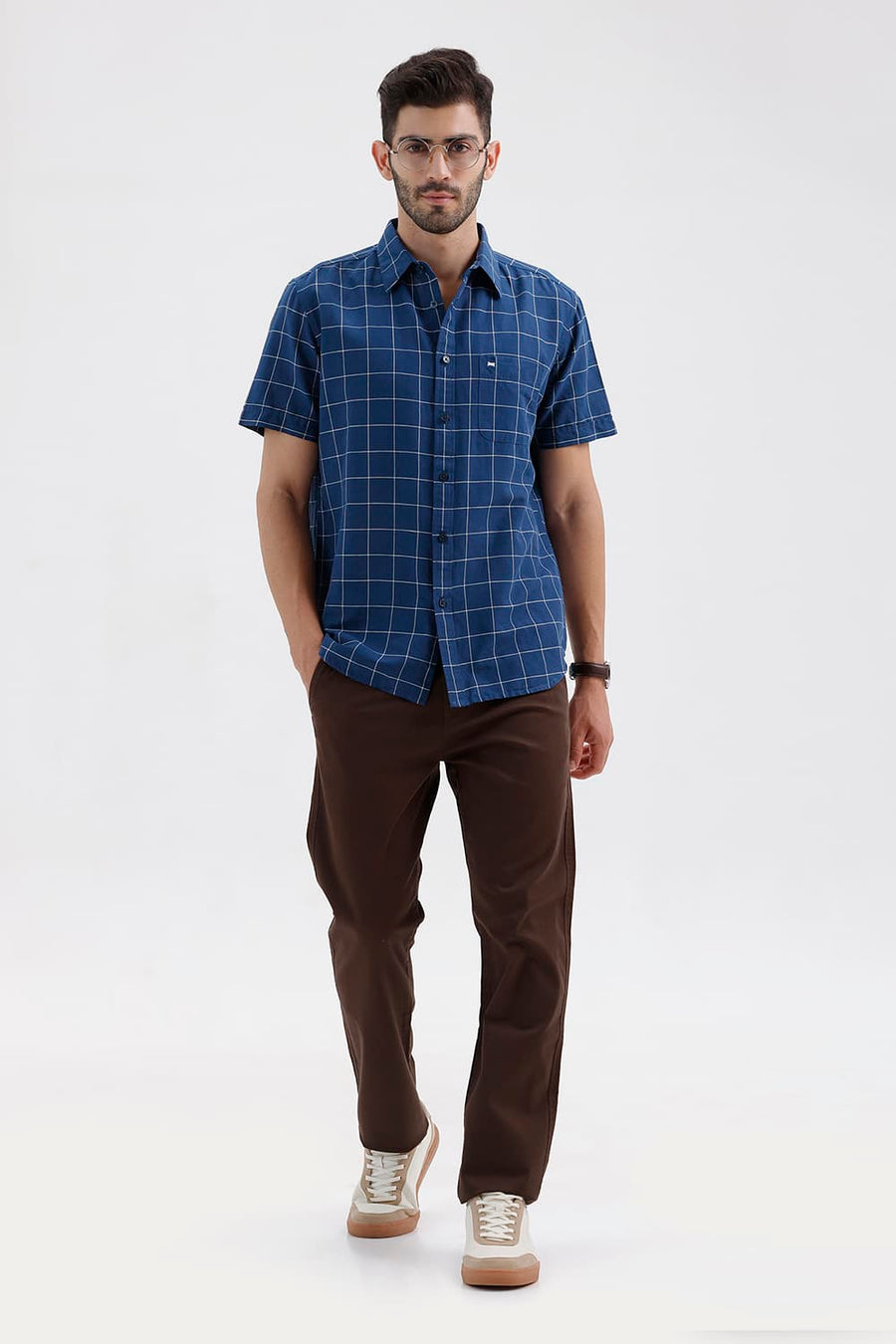 BASICS SLIM FIT DARK BLUE COTTON LINEN CHECKS HALFSLEEVES SHIRT