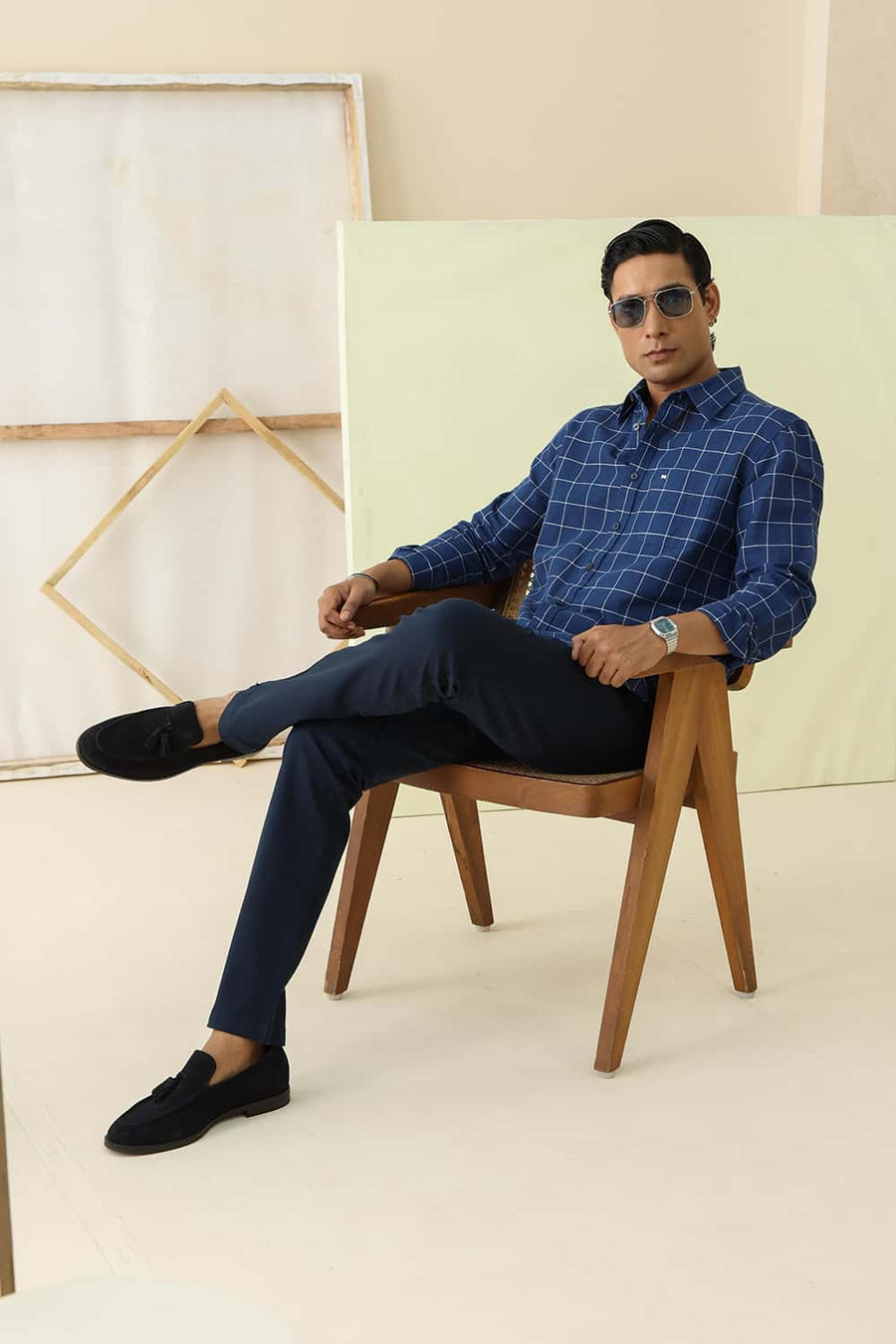 Basics Slim Fit Dark Blue Cotton Linen Checks Shirt